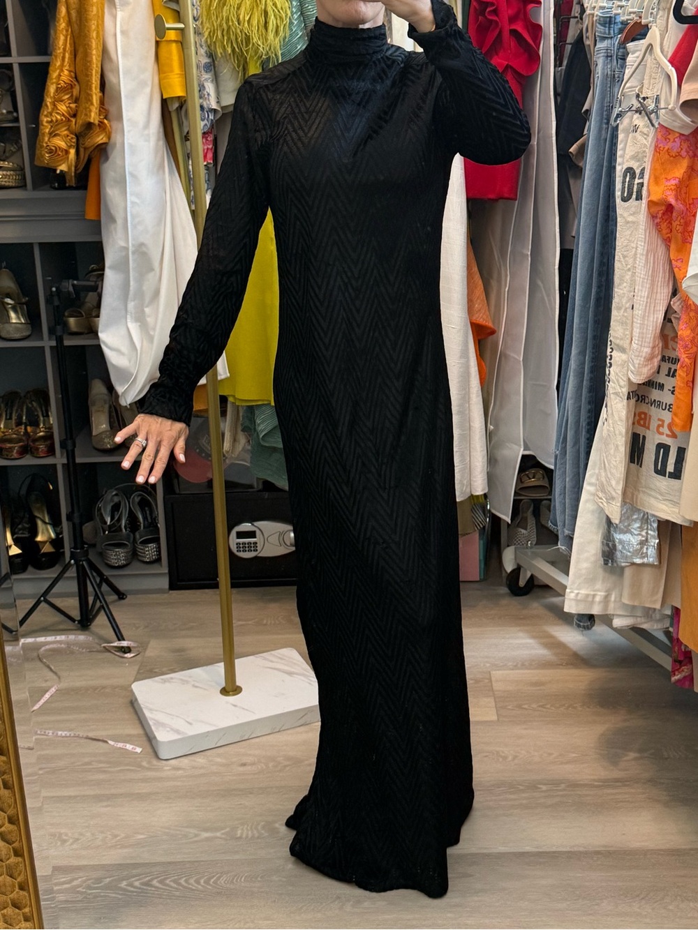 Vintage 70s Black Velvet Burnout Maxi Dress Semi Sheer High Neck